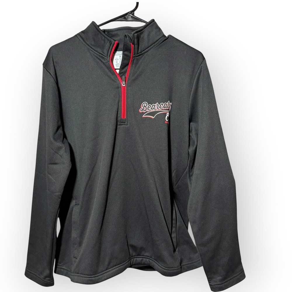 Champion‎ Mens XL Bearcats Quarter Zip Pullover Sweatshirt Black Red Authentic